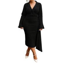 (XXXL, Black) Robe d'automne grande taille pour femme, manches longues, col en V, couleur unie, fente latérale, moulante