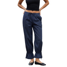 (S, dark blue) Dames capri broek, casual, effen, met strik, elastische tailleband, ruches, bloomerbroek met zakken, trendy streetwear
