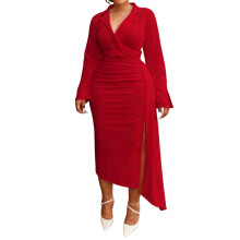 (L, Red) Robe d'automne grande taille pour femme, manches longues, col en V, couleur unie, fente latérale, moulante