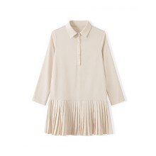 (M, Creamy White) Damesminijurk met kraag en plooien, modieuze effen kleur, lange mouwen, halfopen herfstjurk