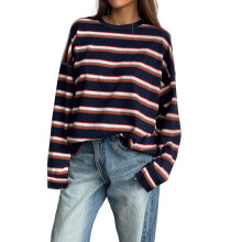 (S, Blue) T-shirt rayé décontracté d'automne pour femme, manches longues, col rond, coupe ample, style streetwear