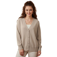 (One Size, Beige) Cárdigan de punto de manga larga con cuello en V, color liso y botones para mujer, ideal para otoño.