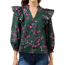 (XL, Dark Green) Bluză de toamnă cu imprimeu floral și mânecă lungă, cu guler în V, tip bufantă
