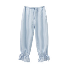 (S, Sky Blue) Dames capri broek, casual, effen, met strik, elastische tailleband, ruches, bloomerbroek met zakken, trendy streetwear