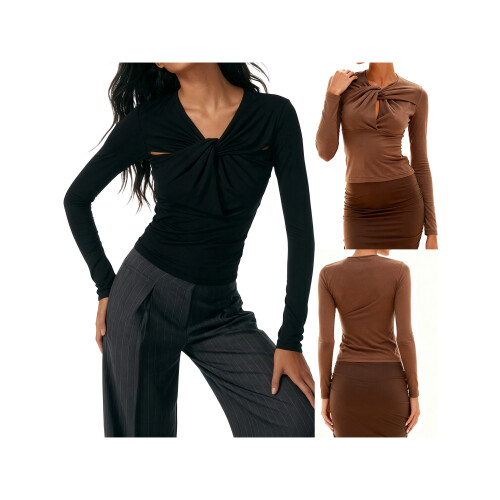 (L, Black) Women's Spring Summer Basic Tops Long Sleeve Solid Color Slim Fit Twist Knot Front Blouse 1