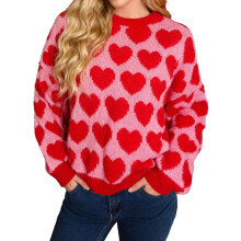 (M, Red) Suéter de mujer moderno con estampado de corazón, manga larga y cuello redondo, ideal para otoño e invierno.