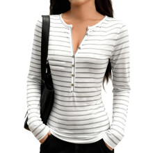 (XL, White) Chemisier rayé printemps-été pour femme, manches longues, col rond, coupe ajustée, boutonné