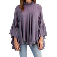 (L, Purple) Bluză lejeră de damă, la modă, cu mânecă lungă și guler rotund, volane neregulate, pentru casual