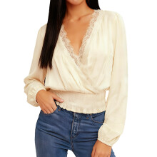 (L, Apricot) Hauts d'automne femmes, dentelle, manches longues, col en V, taille smockée, style streetwear