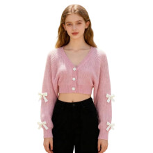 (S, Pink) Cárdigan corto con lazos para mujer, suéter de punto ajustado de manga larga con cuello redondo.