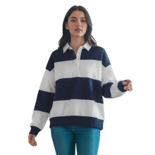 (M, Dark Blue) Sweat-shirts à col revers pour femmes, manches longues, rayures contrastées, coupe ample, style streetwear