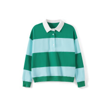 (S, Green) Sweat-shirts à col revers pour femmes, manches longues, rayures contrastées, coupe ample, style streetwear