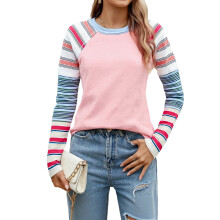 (M, Pink) T-shirts à manches longues rayés, col rond, coupe ample raglan, pour femmes - Collection printemps-été