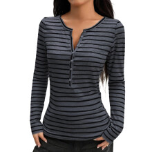 (XXL, Gray) Chemisier rayé printemps-été pour femme, manches longues, col rond, coupe ajustée, boutonné