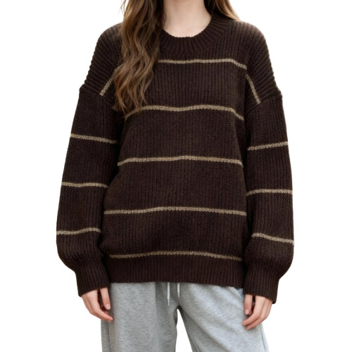 (M, Dark Brown) Γυναικεία ριγέ πλεκτά στρογγυλή λαιμόκοψη