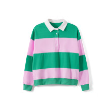 (S, Pink) Sweat-shirts à col revers pour femmes, manches longues, rayures contrastées, coupe ample, style streetwear