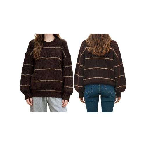 (M, Dark Brown) Γυναικεία ριγέ πλεκτά στρογγυλή λαιμόκοψη 1