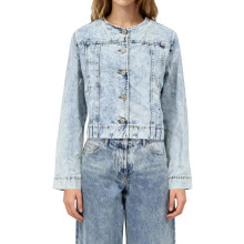 (S, Blue) Veste en jean femme manches longues col rond boutonnière courte ajustée pour extérieur décontracté