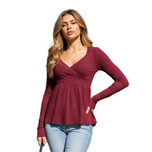 (S, Burgundy) Hauts péplum d'automne pour femmes, chemises décontractées à manches longues, col en V et ourlet à volants, unies.