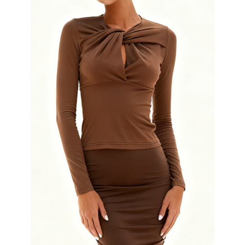(S, Dark Brown) Women's Spring Summer Basic Tops Long Sleeve Solid Color Slim Fit Twist Knot Front Blouse 1