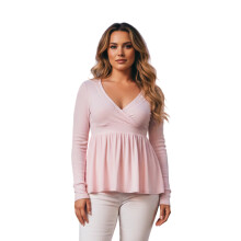 (L, Pink) Hauts péplum d'automne pour femmes, chemises décontractées à manches longues, col en V et ourlet à volants, unies.