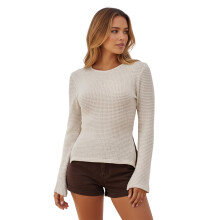 (L, White) T-shirt femme automne à manches longues, col rond, fermeture nouée au dos, coupe ajustée