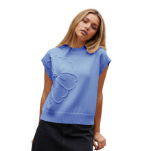 (L, Blue) Tops florales de punto para mujer, camisas holgadas de cuello redondo de color liso a la moda de verano