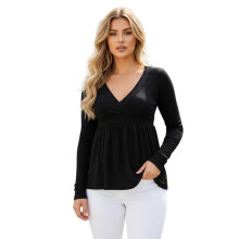 (M, Black) Hauts péplum d'automne pour femmes, chemises décontractées à manches longues, col en V et ourlet à volants, unies.