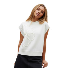 (S, White) Tops florales de punto para mujer, camisas holgadas de cuello redondo de color liso a la moda de verano