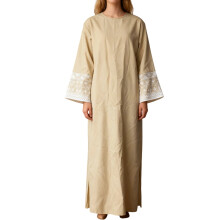 (M, Yellow) Robe caftan abaya pour femme, manches longues, col rond, poignets brodés de fleurs, robe de soirée