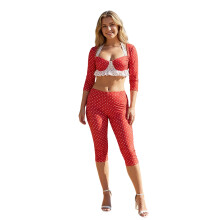 (XL, Red) Dámská jarní sada - top s puntíky, volánkovým lemem a capri kalhoty (3 kusy)