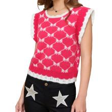 (S, Rose Red) Chaleco de punto para mujer con estampado de lazo, cuello redondo y espalda con abertura.