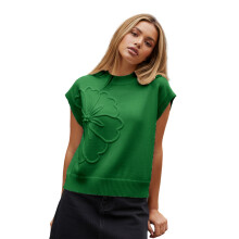 (S, Green) Tops florales de punto para mujer, camisas holgadas de cuello redondo de color liso a la moda de verano