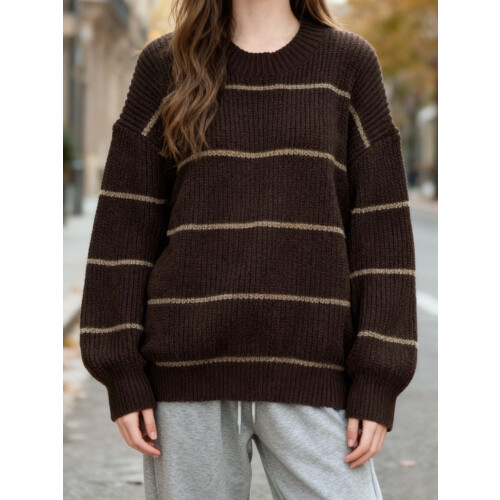 (S, Dark Brown) Γυναικεία ριγέ πλεκτά στρογγυλή λαιμόκοψη 1