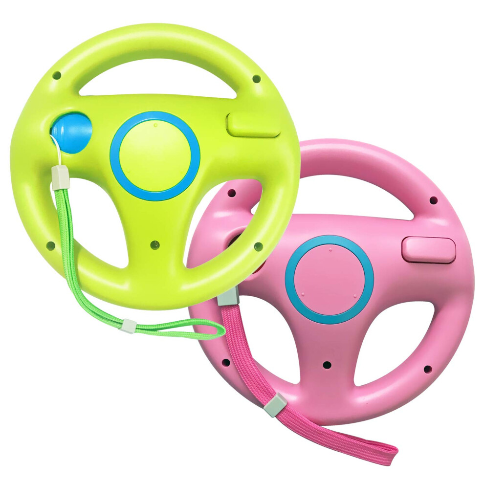2 Pack Wii Racing Wheel With Wrist Strap For Wii And Wii U, Ergonomic Grip, And Pink/Green 9771547189657