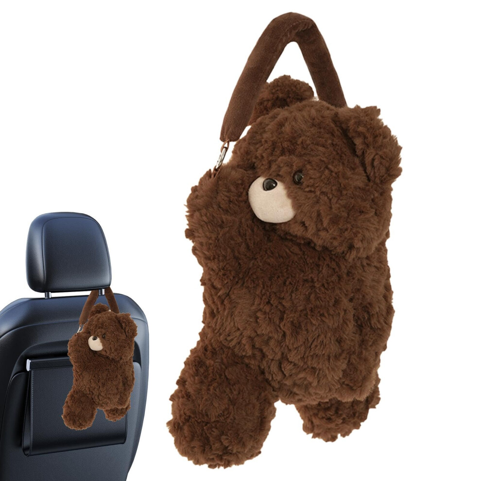 Plush Bear Car Tissue Holder With Cute Animal Design For Headrest Mount, Coffee Dark 9169991210964