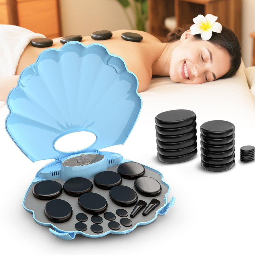 Hot Stone Massage Set 18Piece Basalt Stones with Elegant Shell Heater for Spa and Home Use