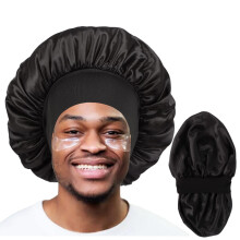 Satin Sleep Bonnet for Men, Reversible Double Layer for Curly Hair and Braids, Large Black