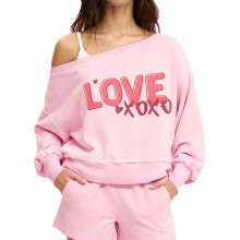 (S, Pink) Dámská mikina s dlouhým rukávem na Valentýna s potiskem písmen, odhalená na jednom rameni, lomený výstřih