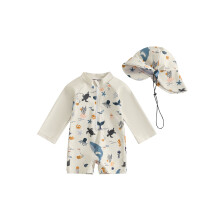 (6-12 Months, Beige) Roupa de banho infantil masculina manga longa com estampa de animais, zíper, proteção solar e chapéu.