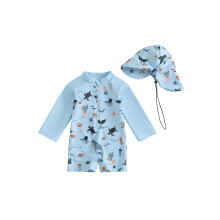 (18-24 Months, Sky Blue) Roupa de banho infantil masculina manga longa com estampa de animais, zíper, proteção solar e chapéu.