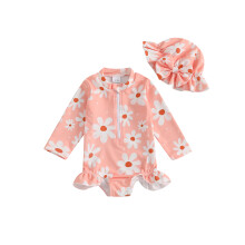 (12-18 Months, Orange) Badeanzug-Strampler für Kleinkinder, langärmelig, mit Blumenmuster und Rüschen, inklusive Badekappe