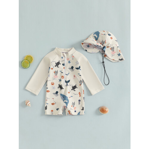 (6-12 Months, Beige) Παιδικό Μαγιό για με Σκούφο 2