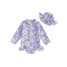 (2-3 Years, Purple) Badeanzug-Strampler für Kleinkinder, langärmelig, mit Blumenmuster und Rüschen, inklusive Badekappe