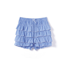 (L, Blue) Damen-Shorts mit Rüschen, Lagenlook, elastischem Bund, kleiner Schleife vorne, Karomuster, Sommerhose