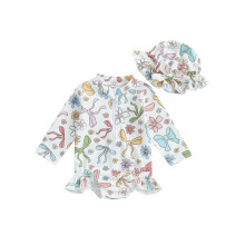 (6-9M, WHITE) Badeanzug-Strampler für Kleinkinder, langärmelig, mit Blumenmuster und Rüschen, inklusive Badekappe