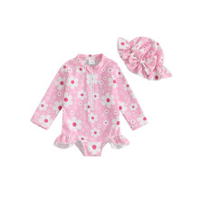 (12-18 Months, Pink) Badeanzug-Strampler für Kleinkinder, langärmelig, mit Blumenmuster und Rüschen, inklusive Badekappe