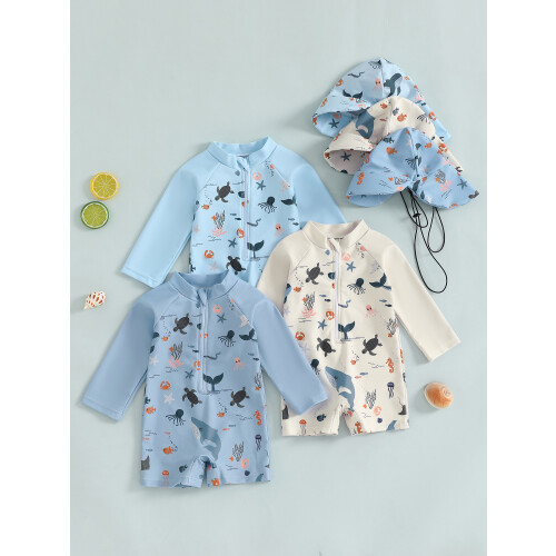 (18-24 Months, Sky Blue) Παιδικό Μαγιό για με Σκούφο 1