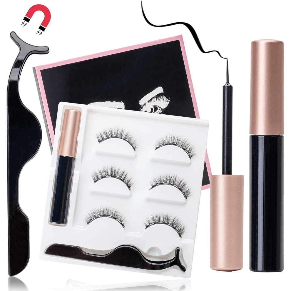 Magnetic Eyelashes Kit with Eyeliner and Tweezers, 3 Pairs 3D 5D Reusable Natural Lashes