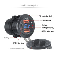 USB-Steckdose, Autoladegerät, Dual QC3.0 & PD, 3 Anschlüsse, USB-C-Buchse mit Voltmeter, Touch-Schalter für Auto, Boot, Marine, LKW, Wohnmobil